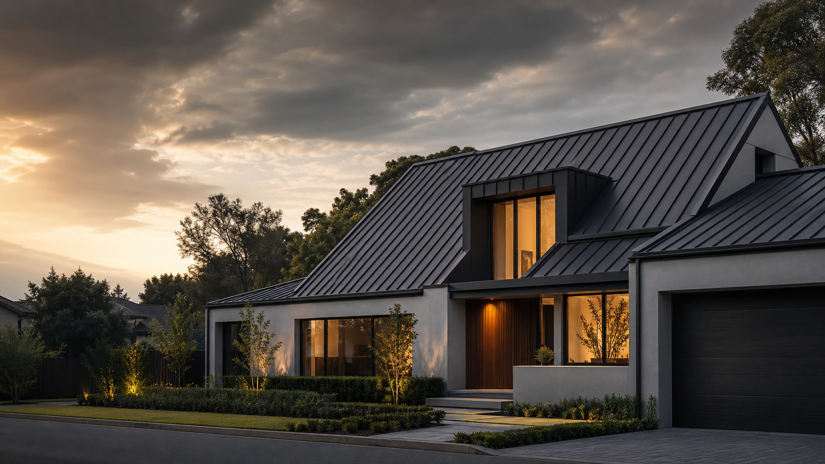 Modern home with a newly installed charcoal metal roof